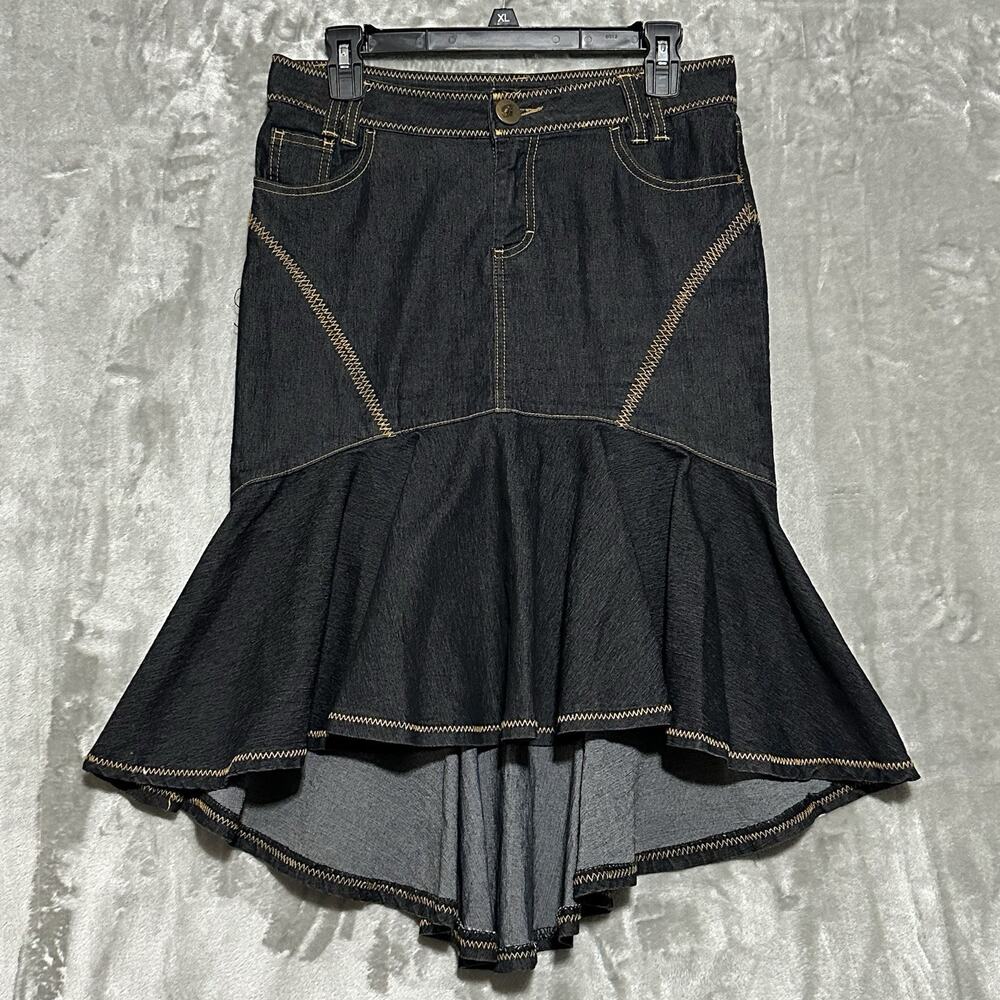 Y2K Bisou Bisou Trumpet Black Denim Skirt Womens Size 4 Midi Mermaid Fit Flare